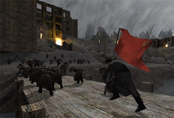 men charge, a red flag trailing behind them in the wind. this is a still from the game Call of Duty 1