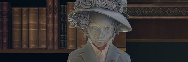 The dead eyed porcelain face of Lady Boyle, a character from Dishonored. She is wearing a large flower covered hat and a suit jacket (also in the same color of ash gray) and is standing in a library. This is a screenshot from Dishonored.