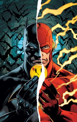 A man split in half holding a watchmen button. One side is Batman and the other is the Flash