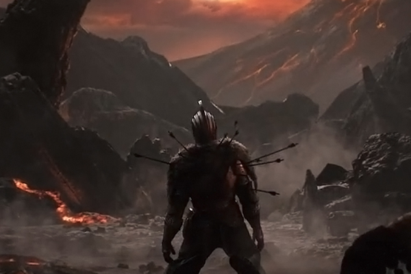 A man looks out over a hellish, volcanic looking landscape. He is peppered with arrows and on his knees. This is a piece of art from the Dark Souls series of video games.