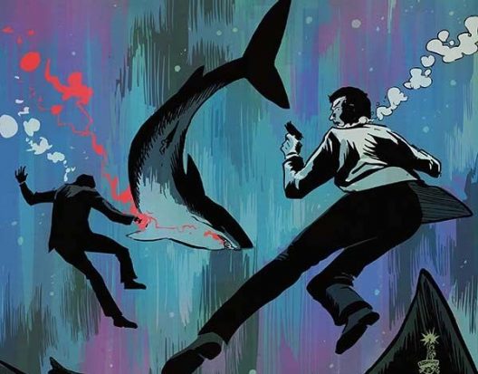 A sinking man in a white dinner jacket in the foreground, in the background there is another sinking man head ensconced in bubbles with a shark swimming away a trail of blood behind him. This is a screenshot of the comic Hammerhead