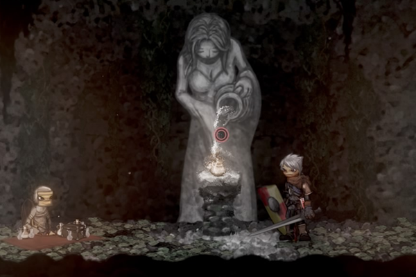 The Player character, with grey hair and a sword, looks across the play space towards a mummy like figure in front of a grey stone altar of a woman holding a jug and pouring downwards. This is a still from Ska Studios Salt and Sanctuary. 