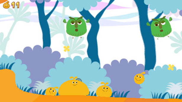 characters in a still from the PSP game LocoRoco. They are small green floating owl-like creatures over a simplistic background and orange bean-bag looking dudes on the ground