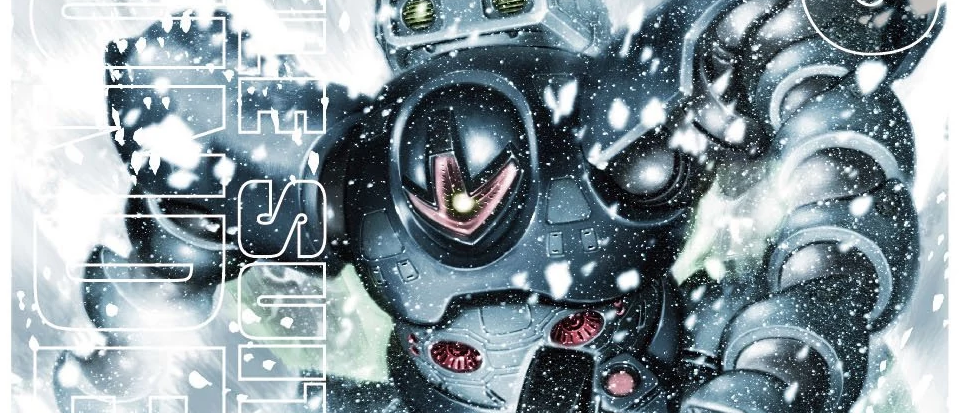 A blue grey robot rising up through shattered white elements. This is the cover from Mobile Suit Gundam