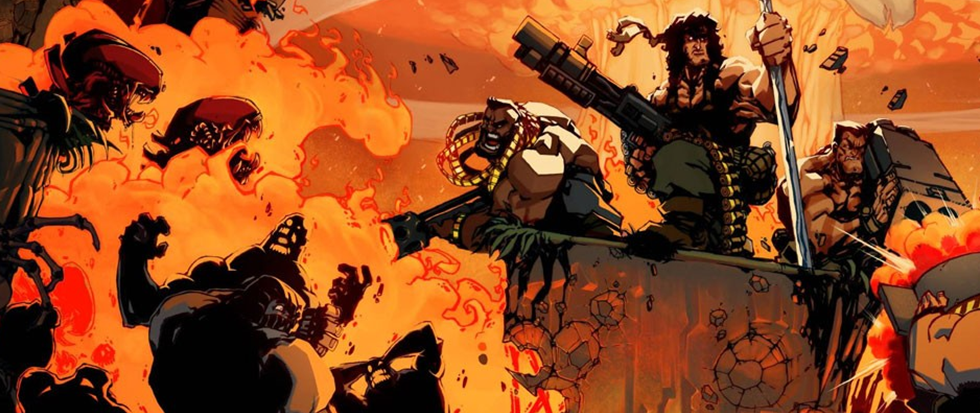 Lit in the orange glow of an explosion, several pixelated action heroes with guns are shown in a heroic pose. This is a promotional image for the game Broforce.