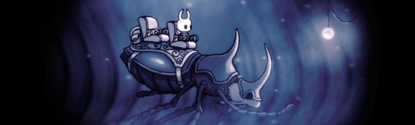 A white faced creature with horns, riding a large beetle like a pack animal down a long tunnel. This is a promotional image for the game Hollow Night.