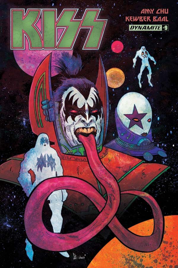 Gene Simmons, illustrated, with red devil wings and a long purple red tongue. This is the cover for Kiss #9