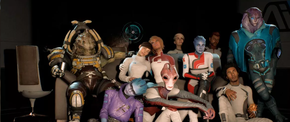 The cast members of the game Mass Effect Andromeda gathering together on a couch.