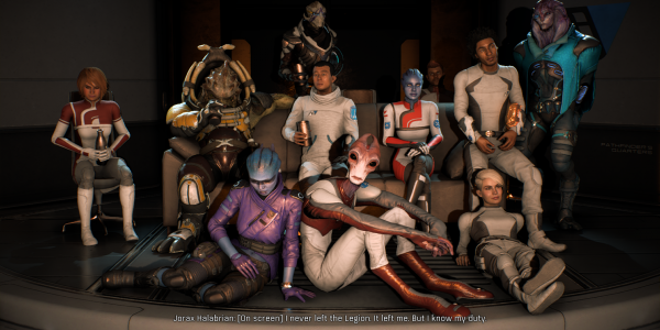 The crew of Mass Effect Andromeda get together on the couch to watch a movie in the culmination of the quest Movie night. 