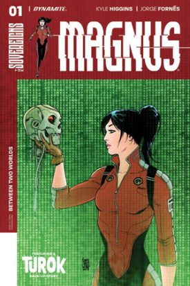 A black haired woman in a skin tight red and black colorblocked body suit, hair artfully disheveled in a high bun holding a cyborg head, wires falling from its grey skull. It has a feel of any performance of Hamlet where the actor goes "alas poor York I knew him well." The text above her head reads "Magnus." This is the cover for Magnus #1. 