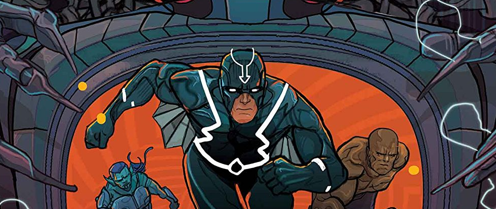 Black Bolt charging toward the camera, his back illuminated by oranges and dark blues. This is art from Black Bolt #2.