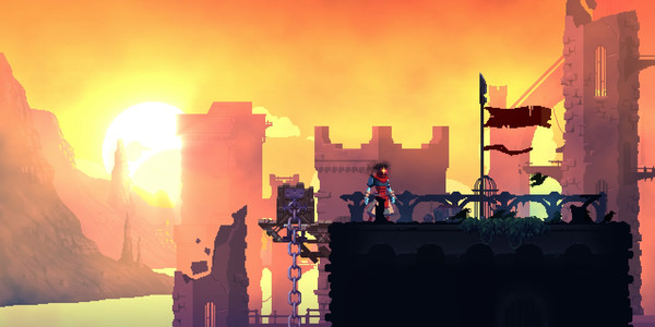 A crumbling ruin lit in orange in the back, a lone red figure stands on a dark tower with a single flag. This is a still from the game Dead Cells. 