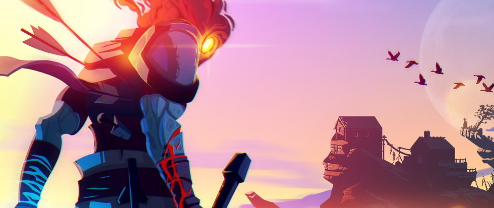 A character, blue muscles rippling under red veiny vambraces, looks out onto an alien plane. This creature has an orange light where a face would be, and it peers down at the camera kind of over a shoulder. This is a promotional image for the game Dead Cells.