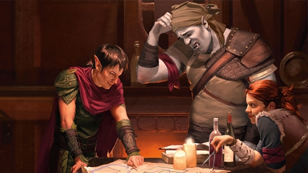 A red cloaked elf, a large blue man with pointed ears and a long cap, and a red haired woman sit at a table staring down confusedly at a map, the edges held down by lit candles. This is a promotional image for Dungeons and Dragons.