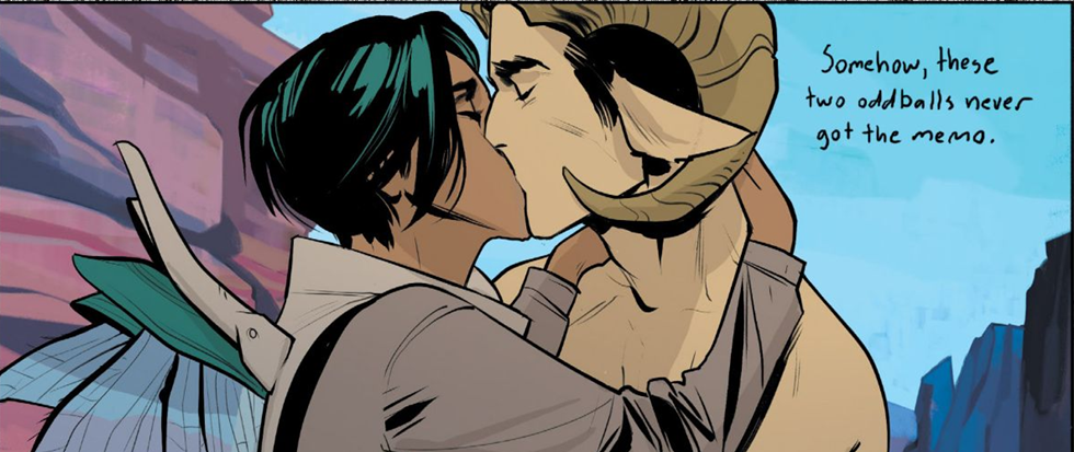 Alana (with wings) and Marko (with horns) kissing. The text above their heads read "somehow these two oddballs never got the memo." This is a screenshot from the comic Saga, issue 43.