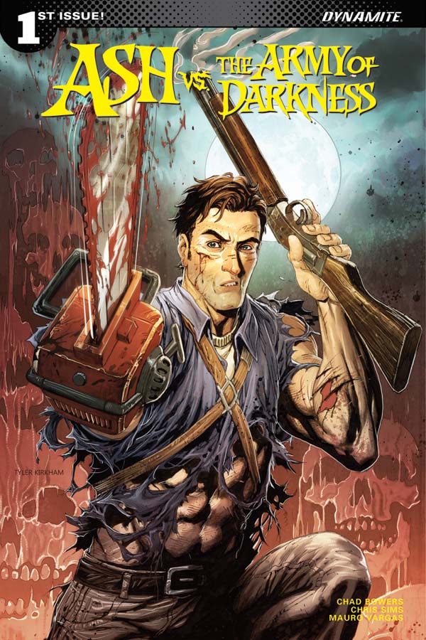 A man with a shotgun, chainsaw for a hand a smirk. This is the cover for Ash and the Army of Darkness 1