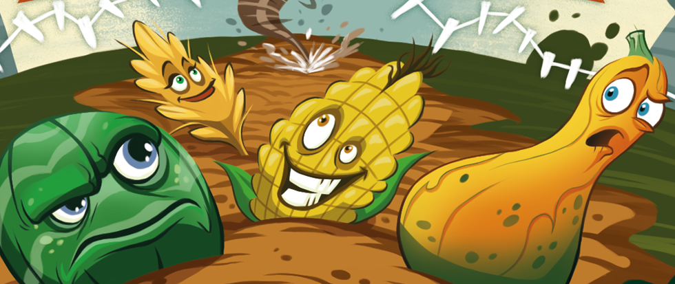 Several vegetables, (some form of squash, corn and a head of lettuce) run from a distance twister. This is the cover art for the game Farmageddon.
