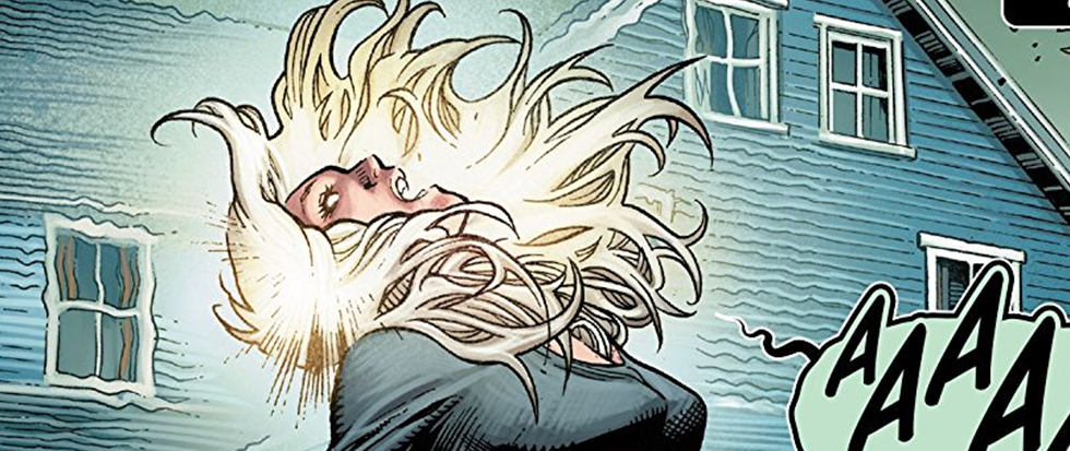 A woman with her head thrown back. a text bubble comes from her with "AAAAA" visible, and her hair is thrown back and floating suspended in the air. This is a screenshot from the Astonishing X-Men #1