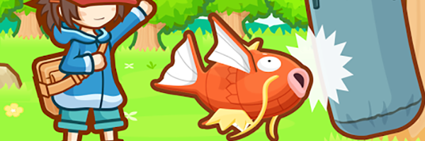 A Magikarp (orange carp like Pokemon) throwing itself bodily at a punching bag with a cartoonish explosion around them, the trainer pointing excitedly at the bag in the background. This is a still from the game Magikarp Jump.