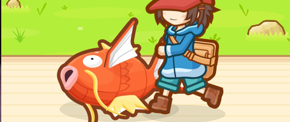 A Magikarp on the ground next to the boots of a blue clad character in a red hat. This is a stlll from the game Magikarp jump.