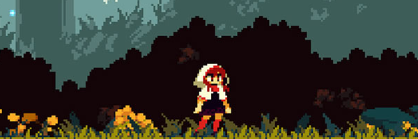 A woman standing in a white hood, facing the camera, her legs in red socks. This is pixel art and is a scene from the game Momodara IV.
