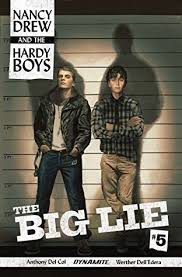 The Hardy Boys standing in front of a line-up wall, illuminated with stark constast and large text across the bottom that reads The Big Lie. This is the cover for Nancy Drew and the Hardy Boys; The Big Lie #5