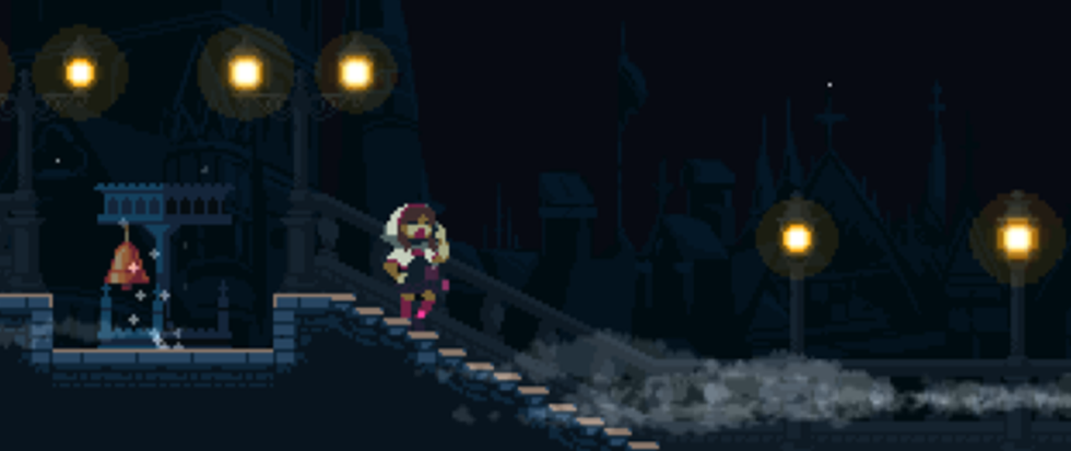 a figure in red boots and a hoodie walking down a set of steps to the right. this is a still pixel art image.