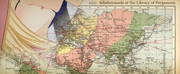 The silhouette of two people kissing in the corner, with a large world map across the middle. This is a still from the visual novel 1931: Scheherazade at the Library of Pergamum