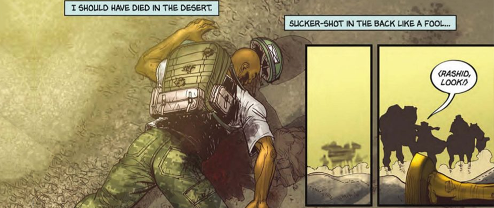A man lying, bleeding out on the ground. Above him a text box reads "I should have died in the desert, shot in the back like a fool" This is a screen of the comic Bankshot #2