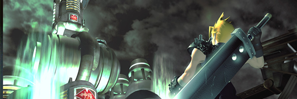 A game still of a yellow haired anime boy with a large sword, facing towards a futuristic green black city. This is from Final Fantasy VII.