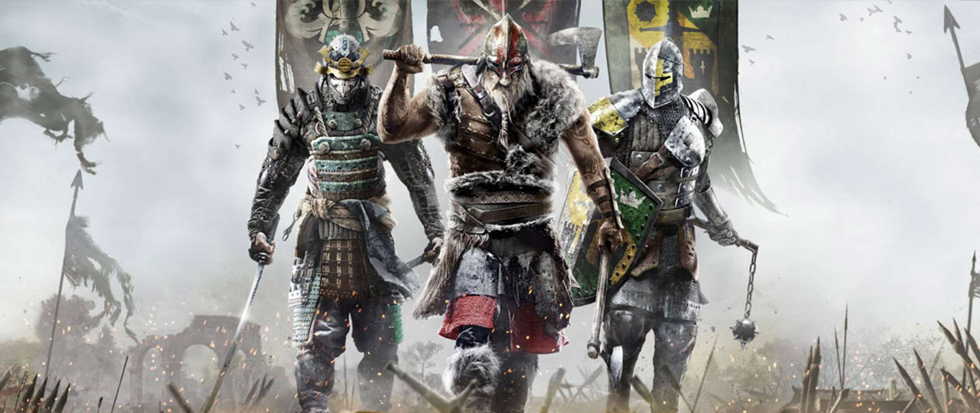 Three warriors walking towards the camera. This is promotional material for For Honor.