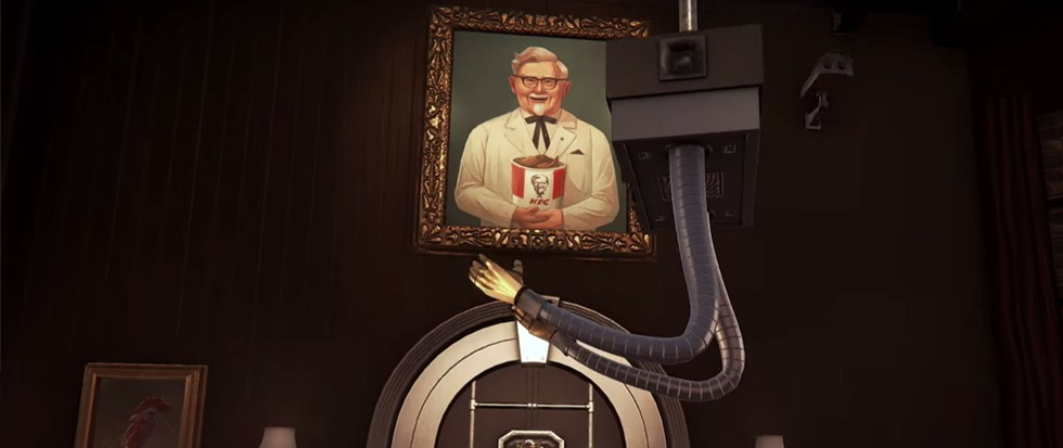 Colonel Sanders looms over the top