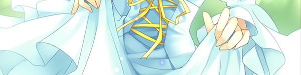 A woman holding up her light blue skirt, the front edged in yellow laces. THis is a still from the game Notch the Innocent Luna. 