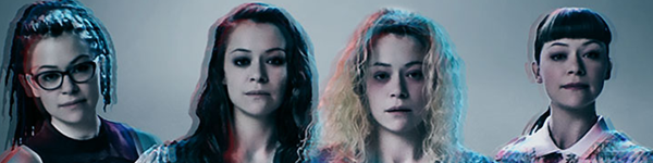 four women, all played by the same woman, slightly out of focus and wiith a blue/red filter overlaid. This is a promotional image for the BBC series Orphan Black.