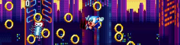 Sonic knocked unconscious as he falls along a purple lit back drop and amid a sea of yellow rings. This is a still from the game Sonic Mania.