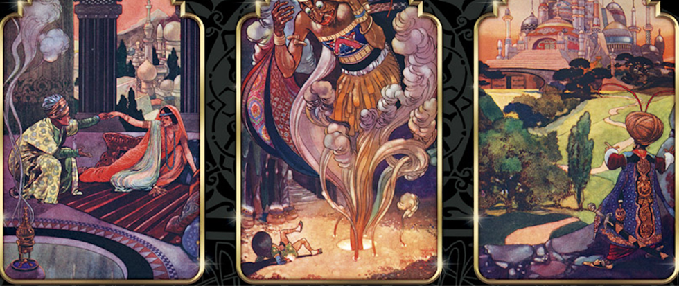 detailed paintings depicting stories from the Arabian Nights, center most is a genie escaping from a lamp. This is the cover art for the game Tales of the Arabian Nights.