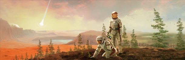two astronauts standing on a green tinged red planet. 