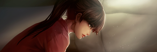 A dark hair woman facing down in a red button up shirt. There is some god rays behind her. This is a still from the original English language visual novel The Letter