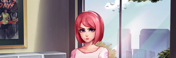 A woman in a short bob pink haircut standing in front of an open window. This is from a still for the original English language visual novel The Letter.