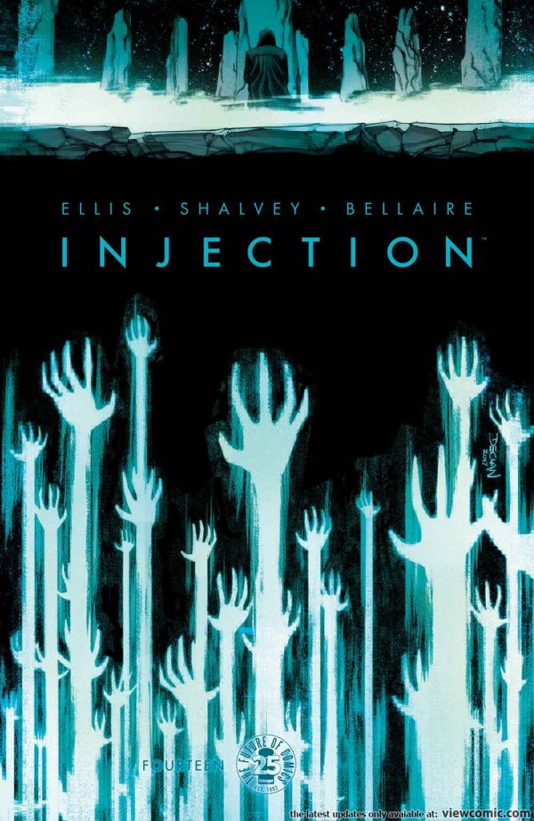 A series of white hands rising into the air, blue and glowy towards the title which reads "Injection"