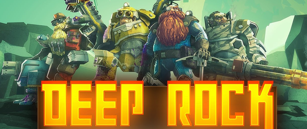 A crew of mechanical heavy dwarves standing in a heroic pose above a title that reads "Deep Rock"