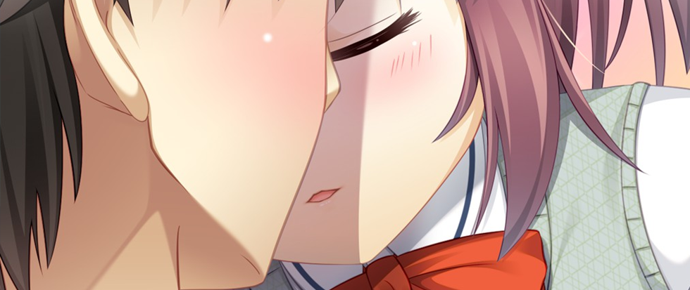 A dark haired anime-character wearing a red bow tie and a sailor collar, her face mostly concealed by a male anime character who is leaning is as if for a kiss. This is a still from Gaokao.Love.100Days.