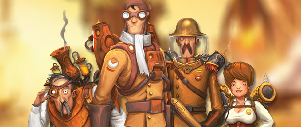A series of steampunky figures standing in a heroic formation above a indistinct background. This is promotional art for the game Mission: Red Planet.