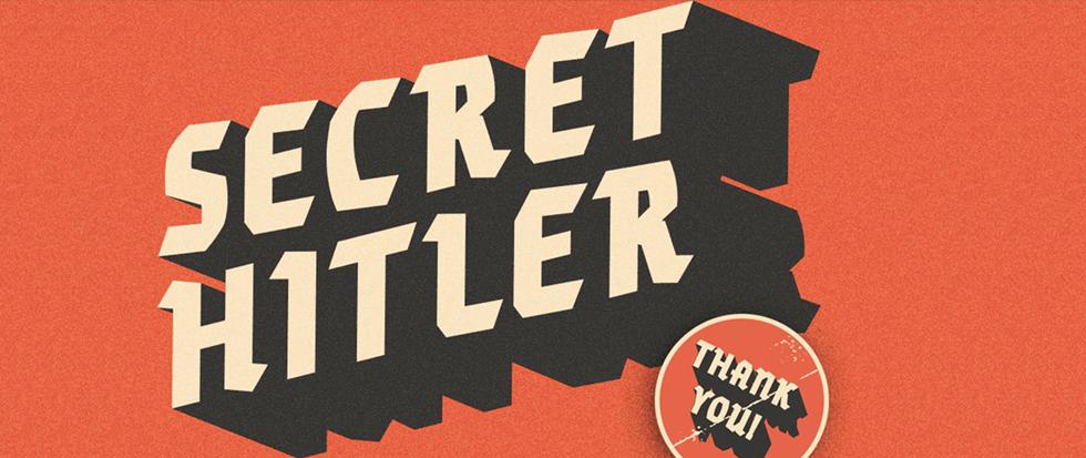 On a noisey red background, there is the title Secret Hitler in bold white and black lettering and in the foregound is a stamp that reads "thank you." This is a promotional material for the game Secret Hitler.