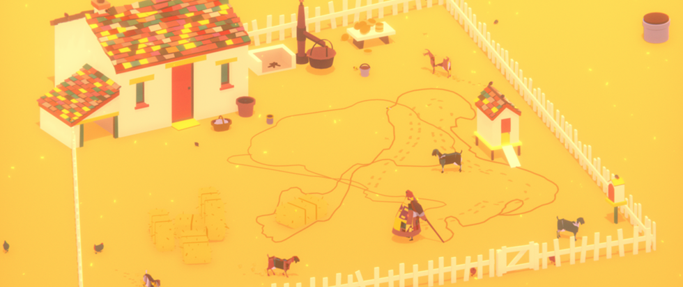 A yellow field wrapped around a house, the yard puttering with animals