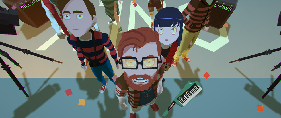 A group of hipster lokoing folks surrounded by discarded musical instruments staring towards the camera which is placed above eyeline. This is a promotional image for YIIK: A Post-Modern RPG