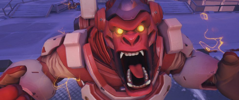 Red faced, Winston from Overwatch screams at the camera.