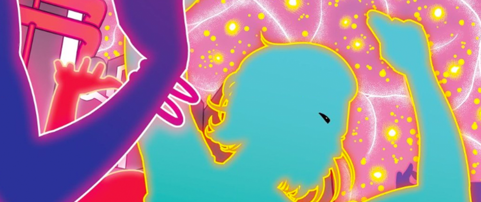 A figure in blue, outlined in bright golden yellow, dances wildly in front of a geometric pink background. This is the rave scene from the Wicked and Divine 31.