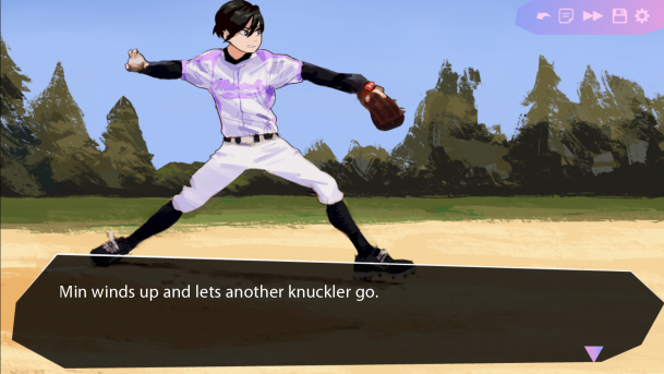 A pitcher throwing a ball off to the right.. The text reads "Min winds up and lets another knuckler go." this is a still from the game Butterfly Soup. 