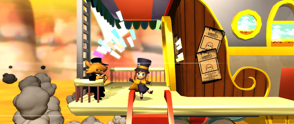 Hat kid, standing on the edge of a train platform, in a bright and colorful world.